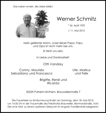 Anzeige von Werner Schmitz von Kölner Stadt-Anzeiger / Kölnische Rundschau / Express