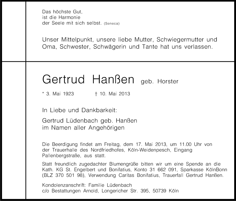  Traueranzeige für Gertrud Hanßen vom 15.05.2013 aus Kölner Stadt-Anzeiger / Kölnische Rundschau / Express