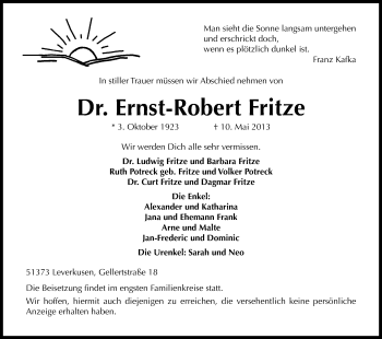Anzeige von Ernst-Robert Fritze von Kölner Stadt-Anzeiger / Kölnische Rundschau / Express