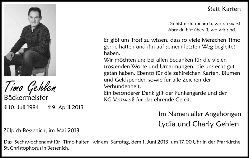  Traueranzeige für Timo Gehlen vom 25.05.2013 aus Kölner Stadt-Anzeiger / Kölnische Rundschau / Express
