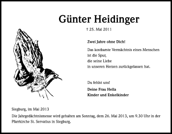 Anzeige von Günter Heidinger von Kölner Stadt-Anzeiger / Kölnische Rundschau / Express