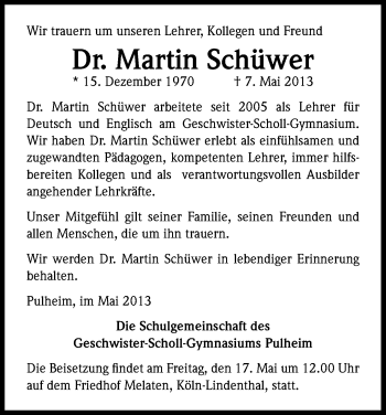 Anzeige von Martin Schüwer von Kölner Stadt-Anzeiger / Kölnische Rundschau / Express