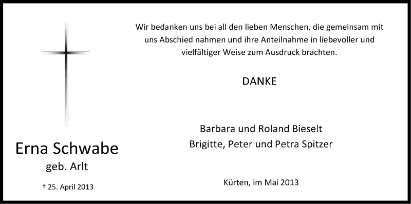  Traueranzeige für Erna Schwabe vom 18.05.2013 aus Kölner Stadt-Anzeiger / Kölnische Rundschau / Express