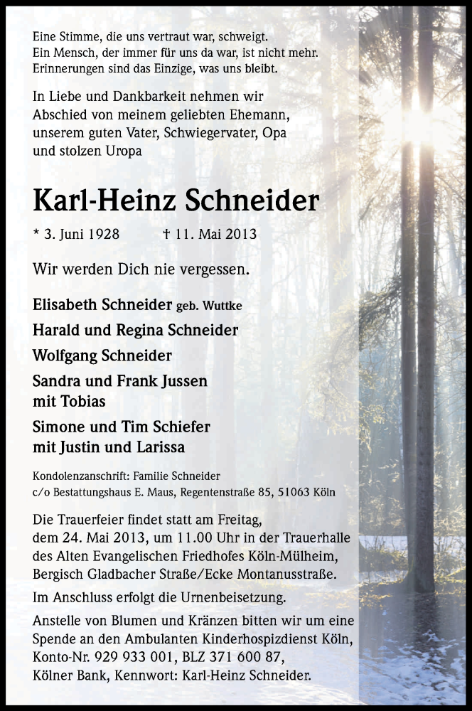  Traueranzeige für Karl-Heinz Schneider vom 18.05.2013 aus Kölner Stadt-Anzeiger / Kölnische Rundschau / Express