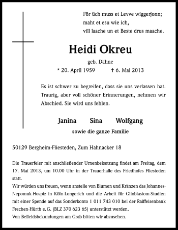 Anzeige von Heidi Okreu von Kölner Stadt-Anzeiger / Kölnische Rundschau / Express