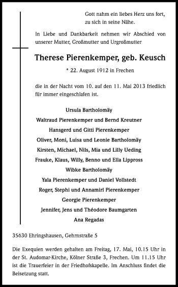 Anzeige von Therese Pierenkemper von Kölner Stadt-Anzeiger / Kölnische Rundschau / Express