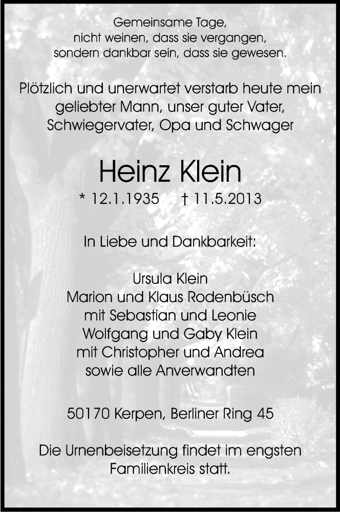  Traueranzeige für Heinz Klein vom 18.05.2013 aus Kölner Stadt-Anzeiger / Kölnische Rundschau / Express