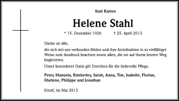 Anzeige von Helene Stahl von Kölner Stadt-Anzeiger / Kölnische Rundschau / Express