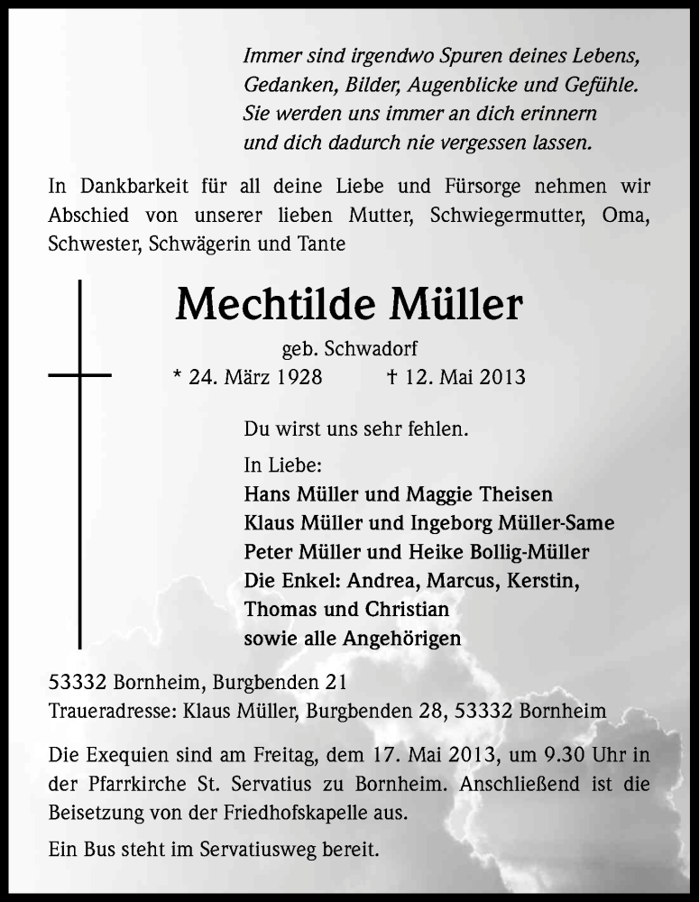  Traueranzeige für Mechtilde Müller vom 15.05.2013 aus Kölner Stadt-Anzeiger / Kölnische Rundschau / Express