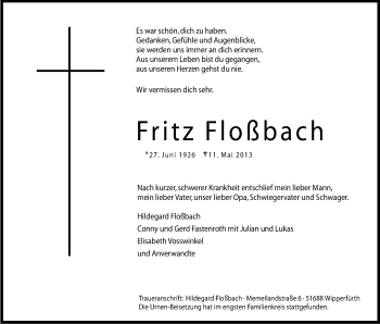 Anzeige von Fritz Floßbach von Kölner Stadt-Anzeiger / Kölnische Rundschau / Express