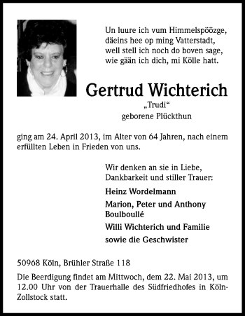 Anzeige von Gertrud Wichterich von Kölner Stadt-Anzeiger / Kölnische Rundschau / Express
