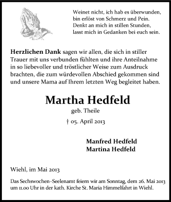 Anzeige von Martha Hedfeld von Kölner Stadt-Anzeiger / Kölnische Rundschau / Express