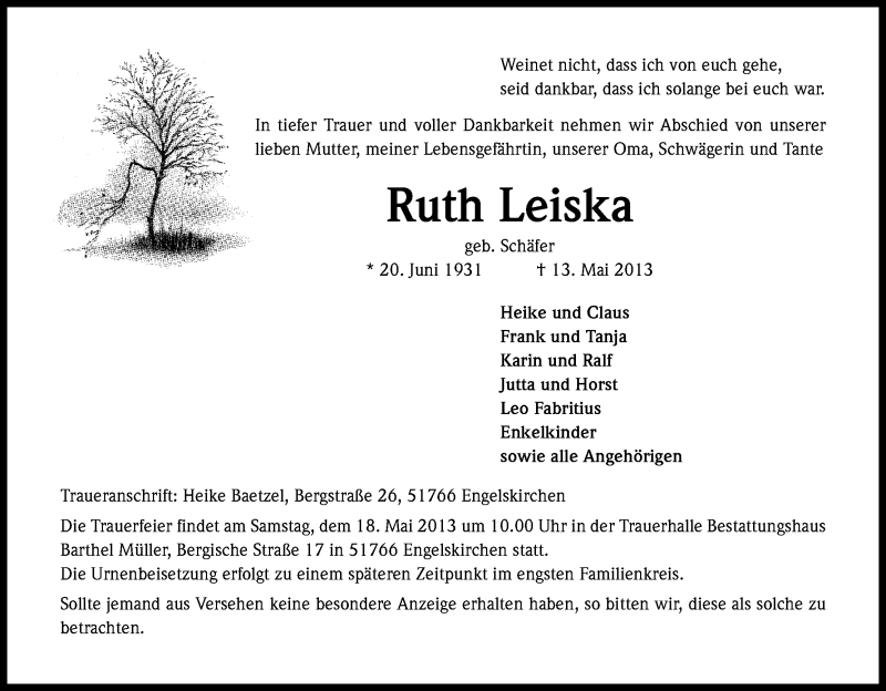  Traueranzeige für Ruth Leiska vom 15.05.2013 aus Kölner Stadt-Anzeiger / Kölnische Rundschau / Express