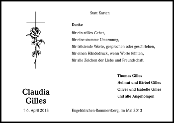 Anzeige von Claudia Gilles von Kölner Stadt-Anzeiger / Kölnische Rundschau / Express