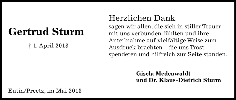  Traueranzeige für Gertrud Sturm vom 25.05.2013 aus Kölner Stadt-Anzeiger / Kölnische Rundschau / Express