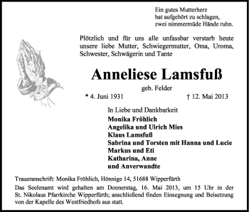 Anzeige von Anneliese Lamsfuß von Kölner Stadt-Anzeiger / Kölnische Rundschau / Express