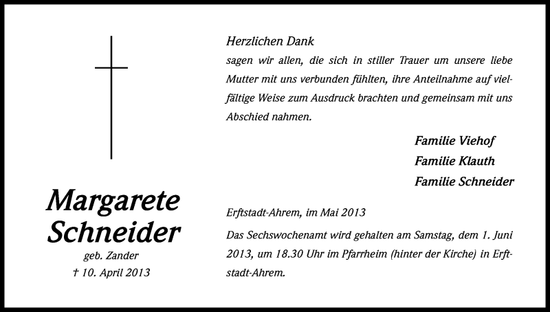  Traueranzeige für Margarte Schneider vom 18.05.2013 aus Kölner Stadt-Anzeiger / Kölnische Rundschau / Express