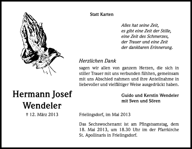  Traueranzeige für Hermann Josef Wendeler vom 15.05.2013 aus Kölner Stadt-Anzeiger / Kölnische Rundschau / Express