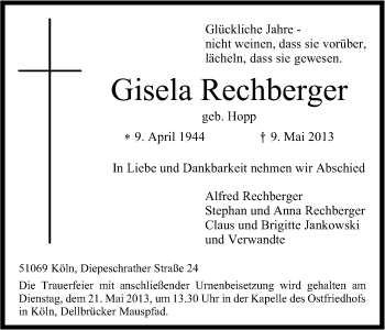 Anzeige von Gisela Rechberger von Kölner Stadt-Anzeiger / Kölnische Rundschau / Express
