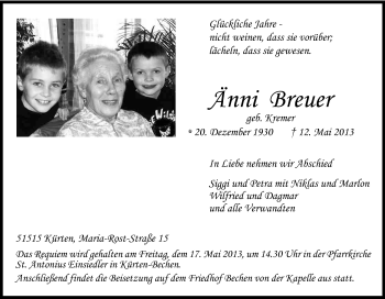 Anzeige von Änni Breuer von Kölner Stadt-Anzeiger / Kölnische Rundschau / Express
