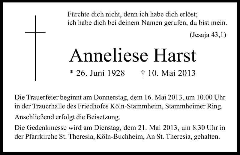  Traueranzeige für Anneliese Harst vom 16.05.2013 aus Kölner Stadt-Anzeiger / Kölnische Rundschau / Express