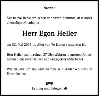 Anzeige von Egon Heller von Kölner Stadt-Anzeiger / Kölnische Rundschau / Express