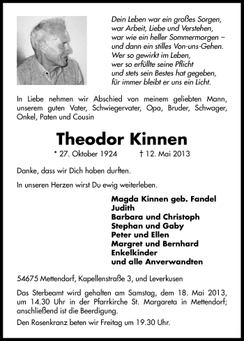 Anzeige von Theodor Kinnen von Kölner Stadt-Anzeiger / Kölnische Rundschau / Express