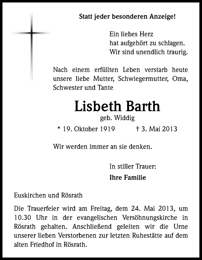 Traueranzeige für Lisbeth Barth vom 18.05.2013 aus Kölner Stadt-Anzeiger / Kölnische Rundschau / Express