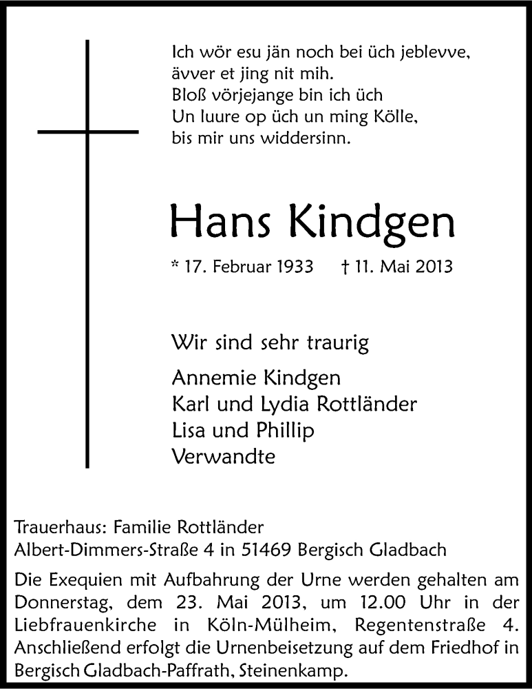 Traueranzeige für Hans Kindegen vom 15.05.2013 aus Kölner Stadt-Anzeiger / Kölnische Rundschau / Express