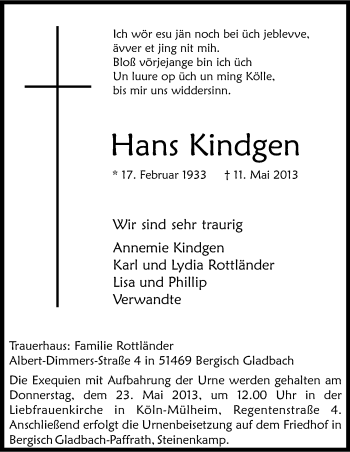 Anzeige von Hans Kindegen von Kölner Stadt-Anzeiger / Kölnische Rundschau / Express