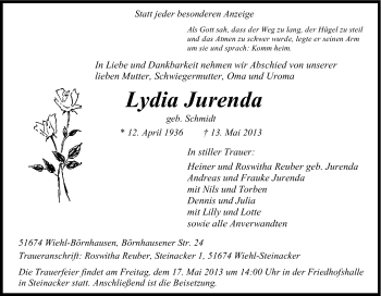 Anzeige von Lydia Jurenda von Kölner Stadt-Anzeiger / Kölnische Rundschau / Express