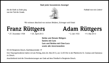 Anzeige von Franz Rüttgers von Kölner Stadt-Anzeiger / Kölnische Rundschau / Express