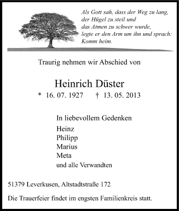 Anzeige von Heinrich Düster von Kölner Stadt-Anzeiger / Kölnische Rundschau / Express