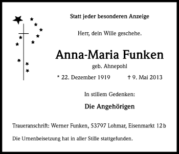 Anzeige von Anna-Maria Funken von Kölner Stadt-Anzeiger / Kölnische Rundschau / Express