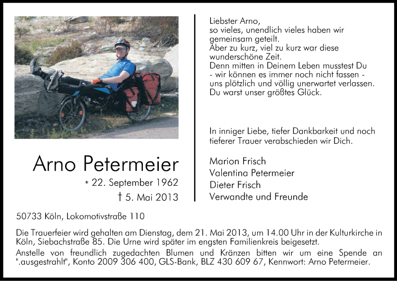  Traueranzeige für Arno Petermeier vom 15.05.2013 aus Kölner Stadt-Anzeiger / Kölnische Rundschau / Express
