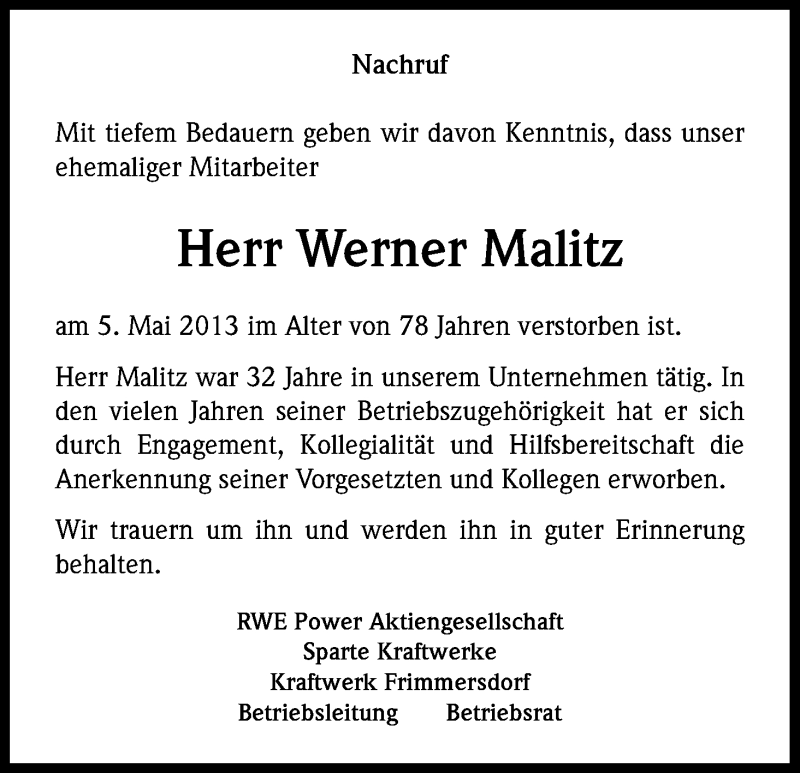  Traueranzeige für Werner Malitz vom 15.05.2013 aus Kölner Stadt-Anzeiger / Kölnische Rundschau / Express