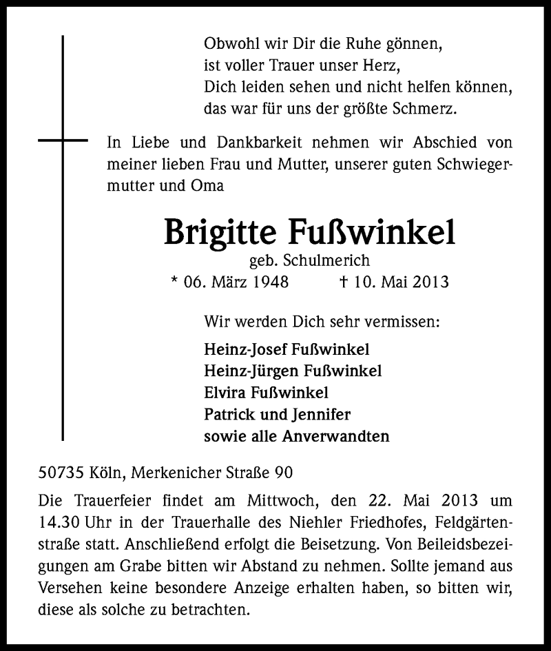 Traueranzeige für Brigitte Fußwinkel vom 17.05.2013 aus Kölner Stadt-Anzeiger / Kölnische Rundschau / Express