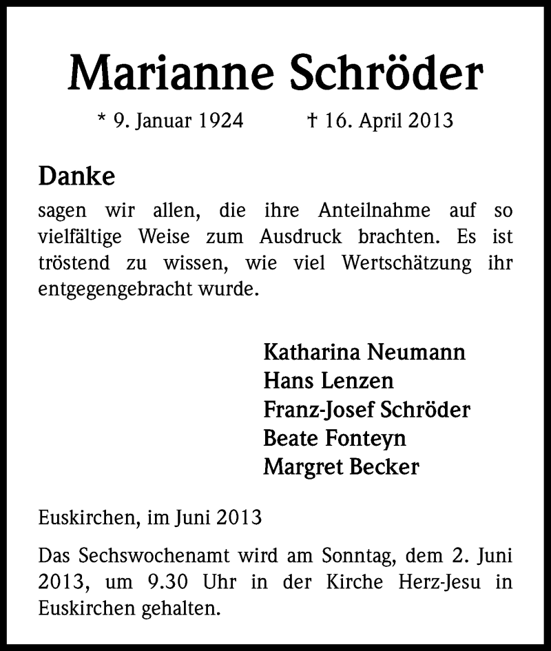  Traueranzeige für Marianne Schröder vom 25.05.2013 aus Kölner Stadt-Anzeiger / Kölnische Rundschau / Express