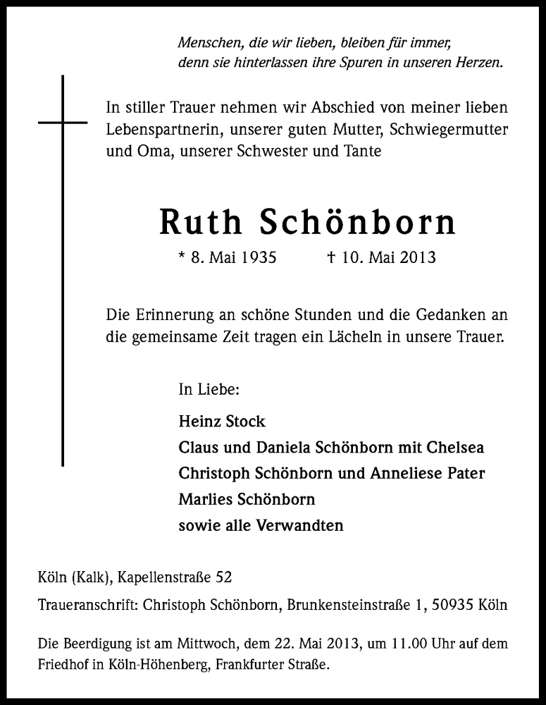  Traueranzeige für Ruth Schönborn vom 18.05.2013 aus Kölner Stadt-Anzeiger / Kölnische Rundschau / Express