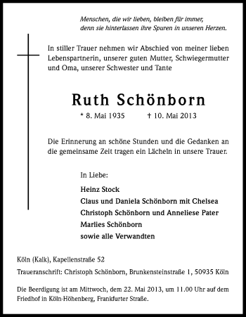 Anzeige von Ruth Schönborn von Kölner Stadt-Anzeiger / Kölnische Rundschau / Express