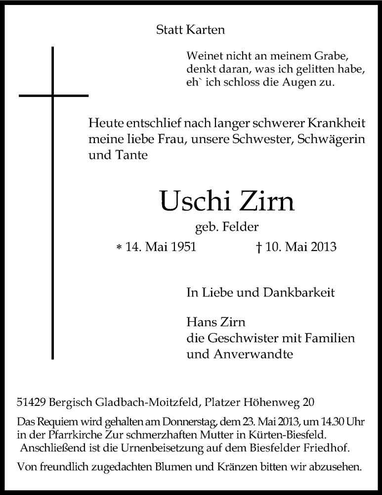  Traueranzeige für Uschi Zirn vom 16.05.2013 aus Kölner Stadt-Anzeiger / Kölnische Rundschau / Express