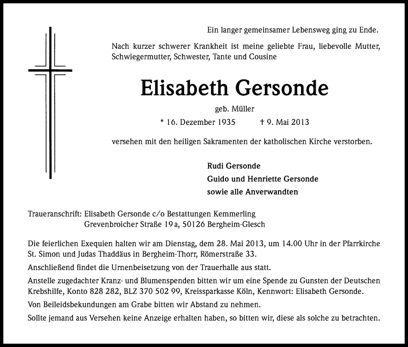  Traueranzeige für Elisabeth Gersonde vom 22.05.2013 aus Kölner Stadt-Anzeiger / Kölnische Rundschau / Express