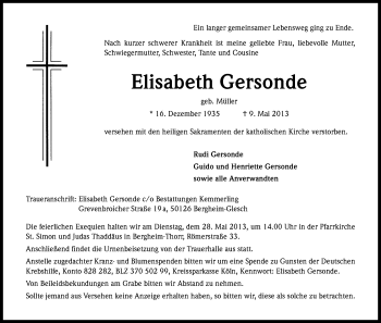 Anzeige von Elisabeth Gersonde von Kölner Stadt-Anzeiger / Kölnische Rundschau / Express