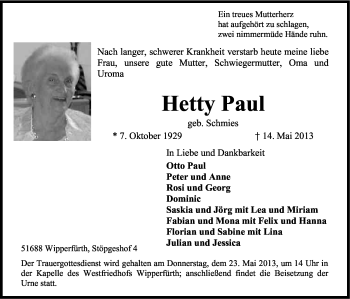 Anzeige von Hetty Paul von Kölner Stadt-Anzeiger / Kölnische Rundschau / Express