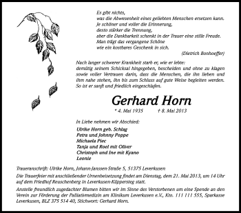 Anzeige von Gerhard Horn von Kölner Stadt-Anzeiger / Kölnische Rundschau / Express