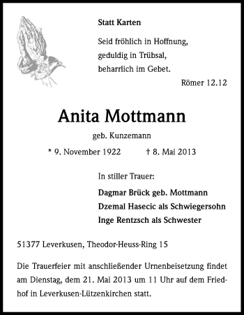 Anzeige von Anita Mottmann von Kölner Stadt-Anzeiger / Kölnische Rundschau / Express