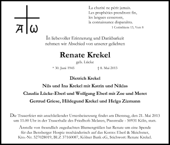 Anzeige von Renate Krekel von Kölner Stadt-Anzeiger / Kölnische Rundschau / Express