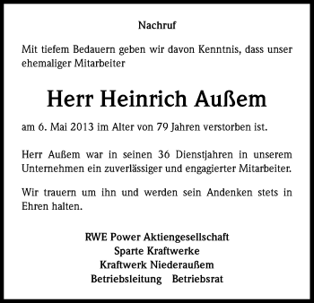 Anzeige von Heinrich Außem von Kölner Stadt-Anzeiger / Kölnische Rundschau / Express