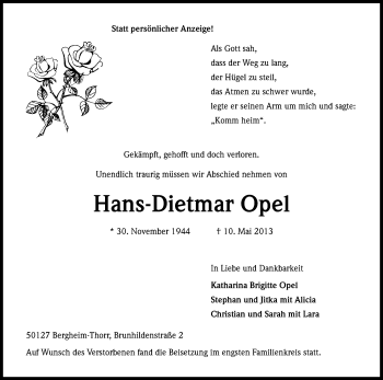 Anzeige von Hans-Dietmar Opel von Kölner Stadt-Anzeiger / Kölnische Rundschau / Express