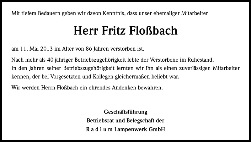  Traueranzeige für Fritz Floßbach vom 16.05.2013 aus Kölner Stadt-Anzeiger / Kölnische Rundschau / Express